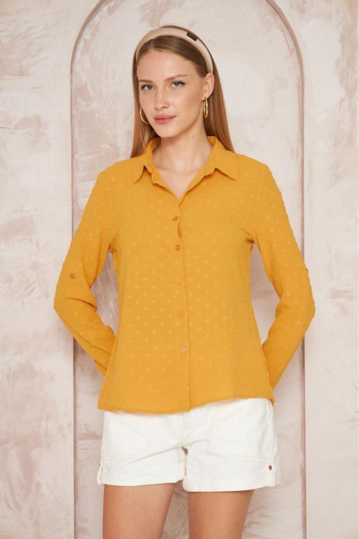 Slim Fit Long Sleeve Pompom Shirt - Blush/Mustard - Pasaklı Giyim