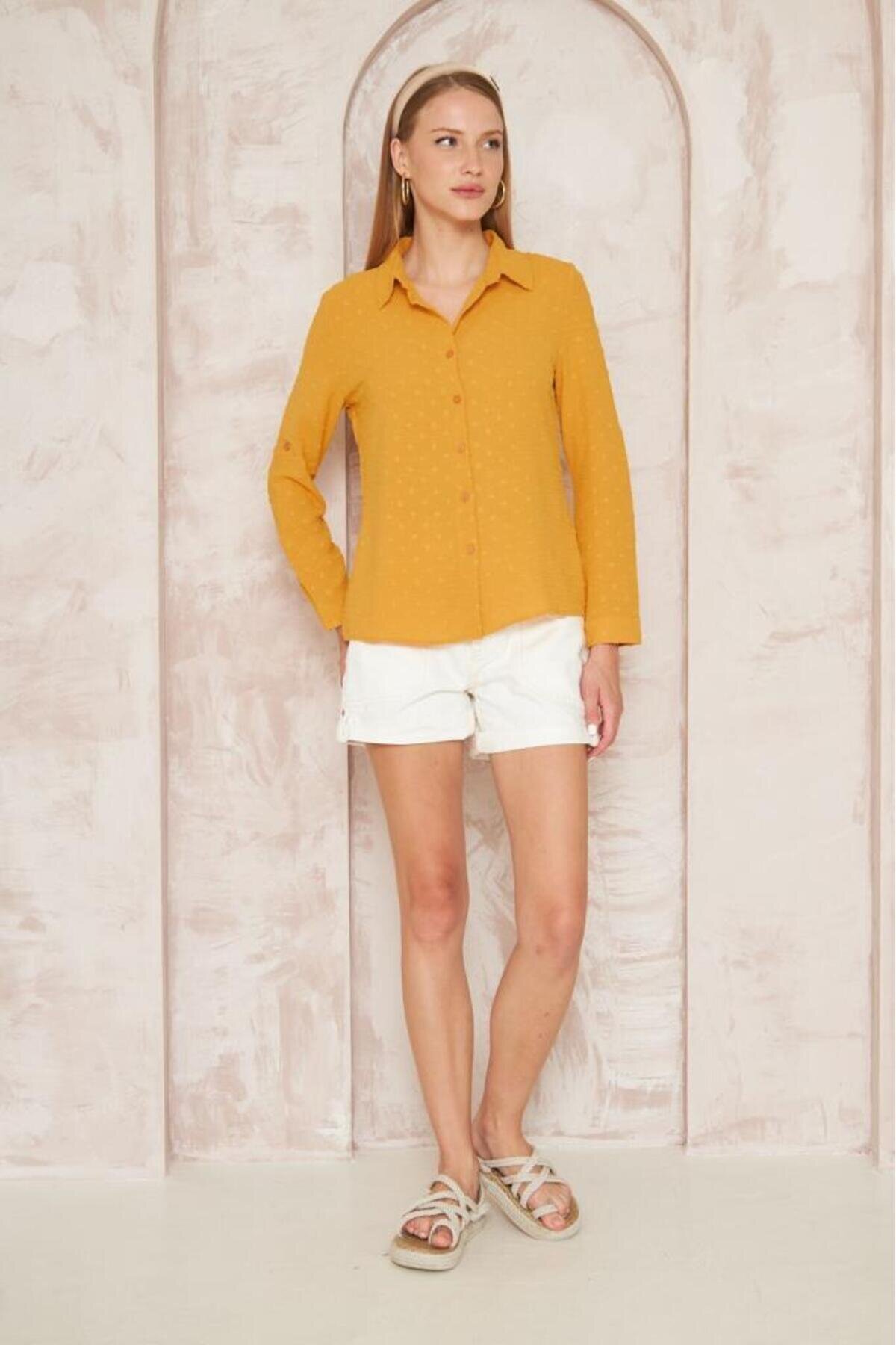 Slim Fit Long Sleeve Pompom Shirt - Blush/Mustard - Pasaklı Giyim