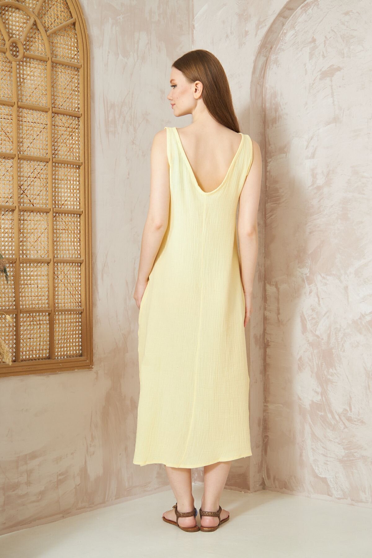 Long Oversize Muslin Strappy Slit Dress - Yellow - Pasaklı Giyim