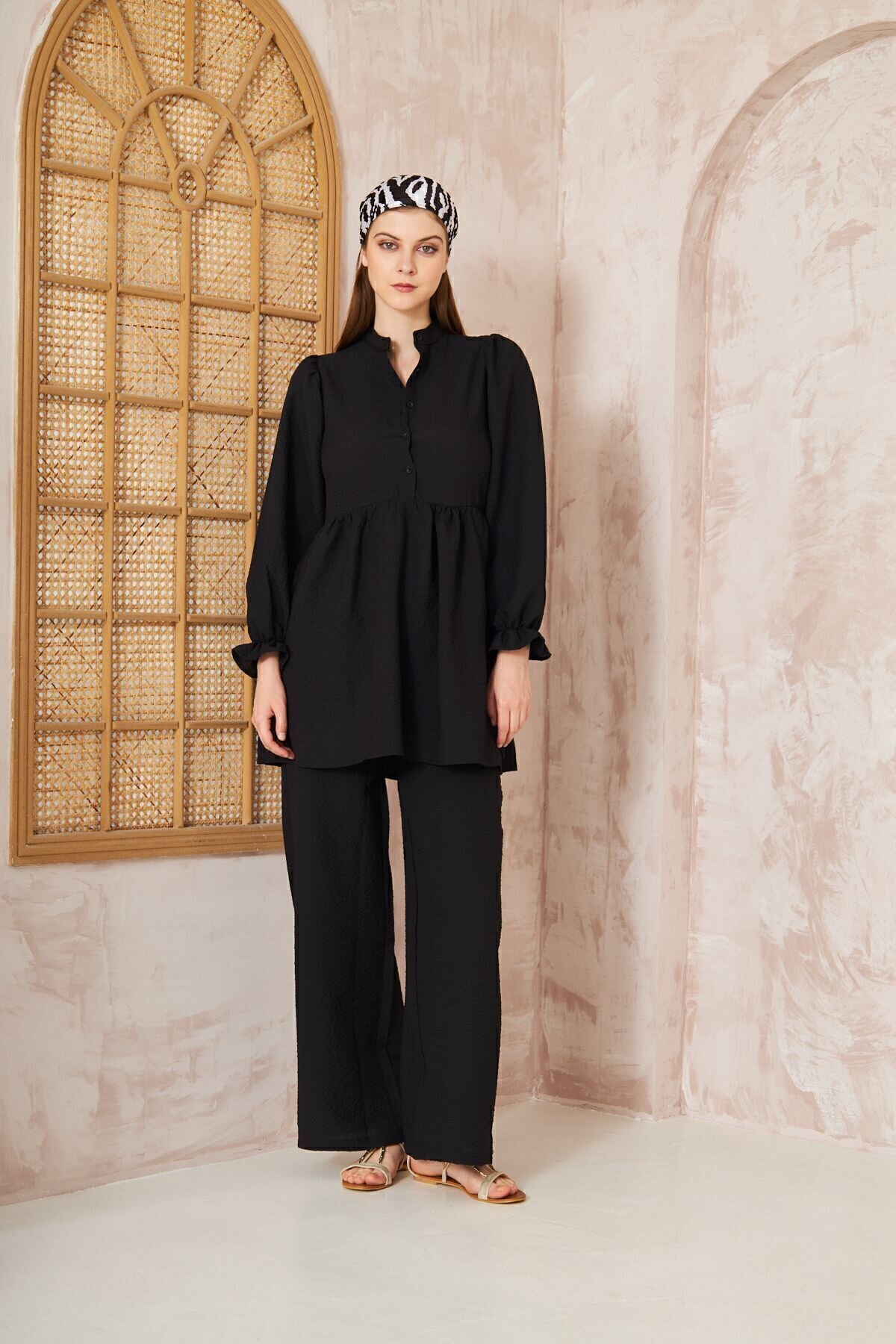Two-Piece Gathered Balloon Sleeve Crinkled Modest Set - Black - Pasaklı Giyim