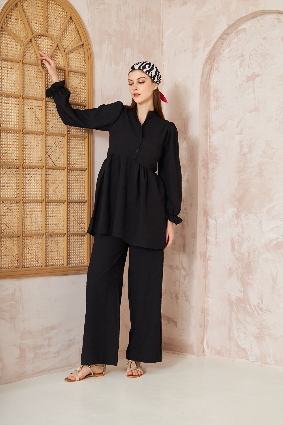 Two-Piece Gathered Balloon Sleeve Crinkled Modest Set - Black - Pasaklı Giyim