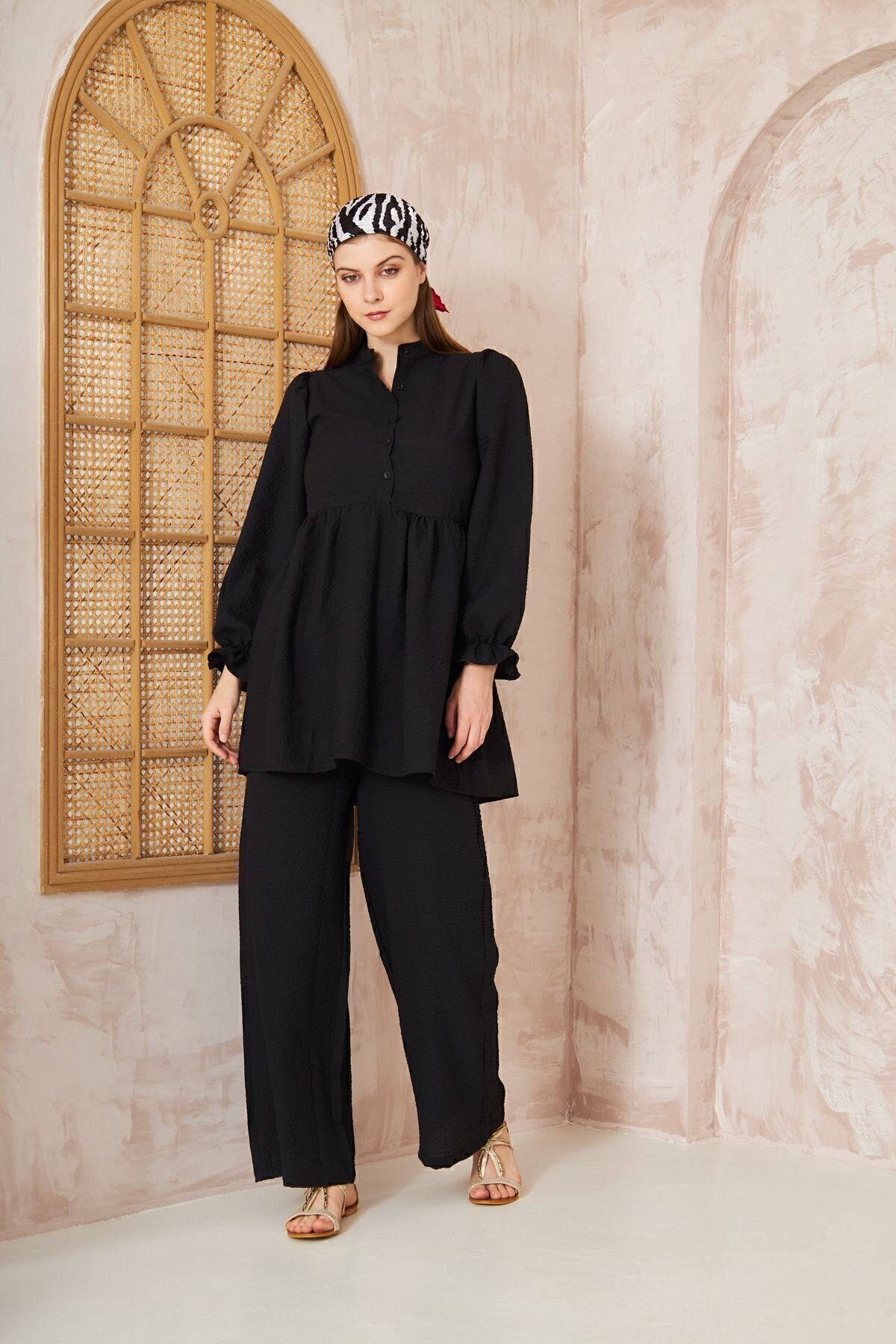 Two-Piece Gathered Balloon Sleeve Crinkled Modest Set - Black - Pasaklı Giyim