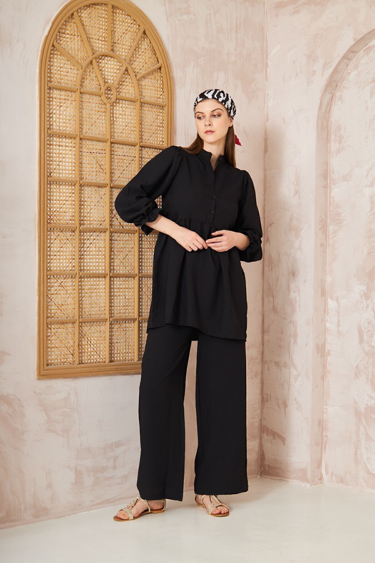 Two-Piece Gathered Balloon Sleeve Crinkled Modest Set - Black - Pasaklı Giyim