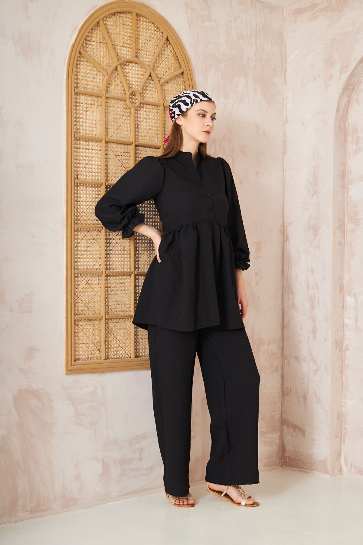 Two-Piece Gathered Balloon Sleeve Crinkled Modest Set - Black - Pasaklı Giyim