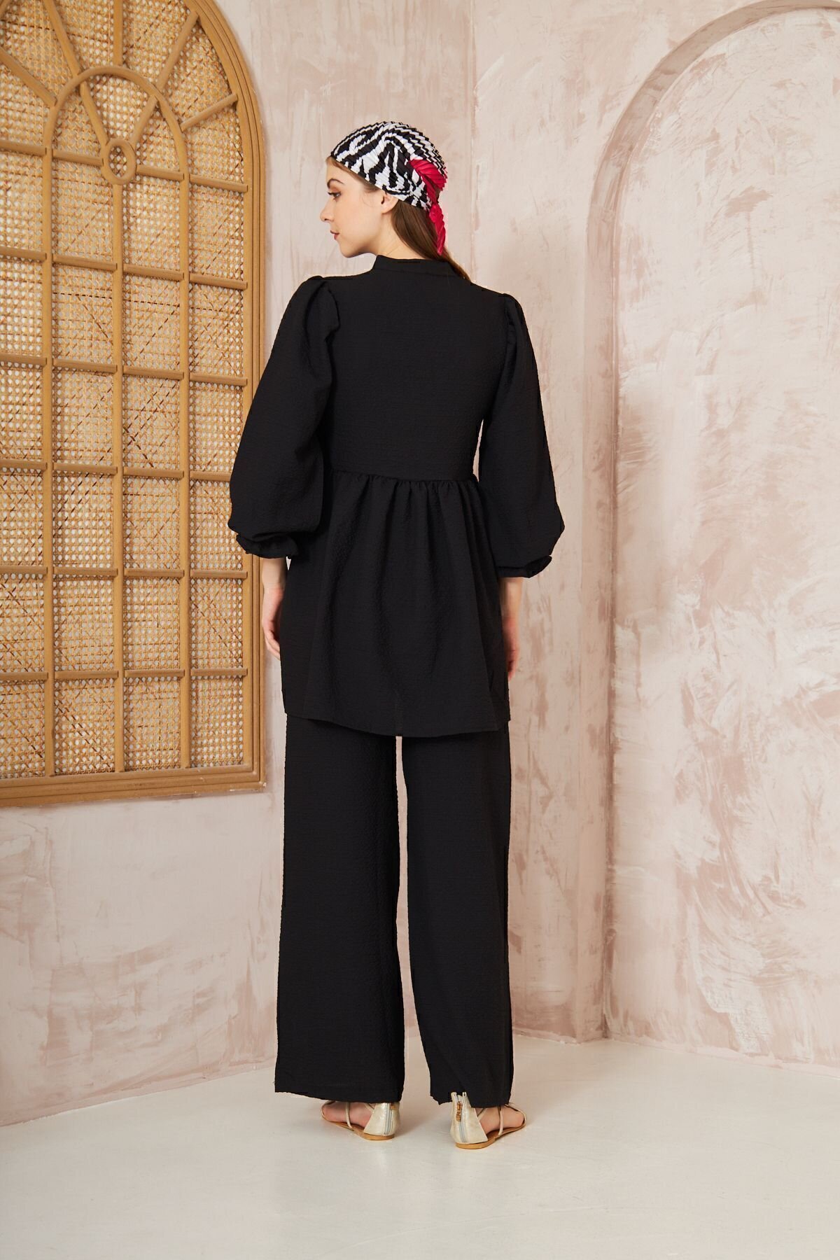 Two-Piece Gathered Balloon Sleeve Crinkled Modest Set - Black - Pasaklı Giyim