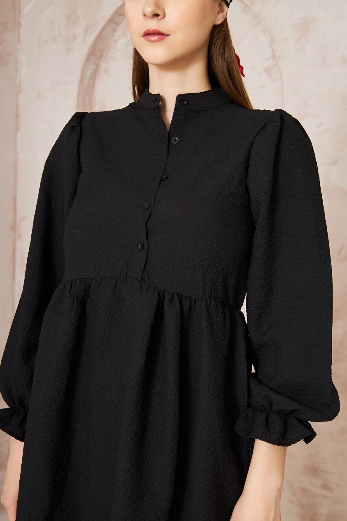 Two-Piece Gathered Balloon Sleeve Crinkled Modest Set - Black - Pasaklı Giyim