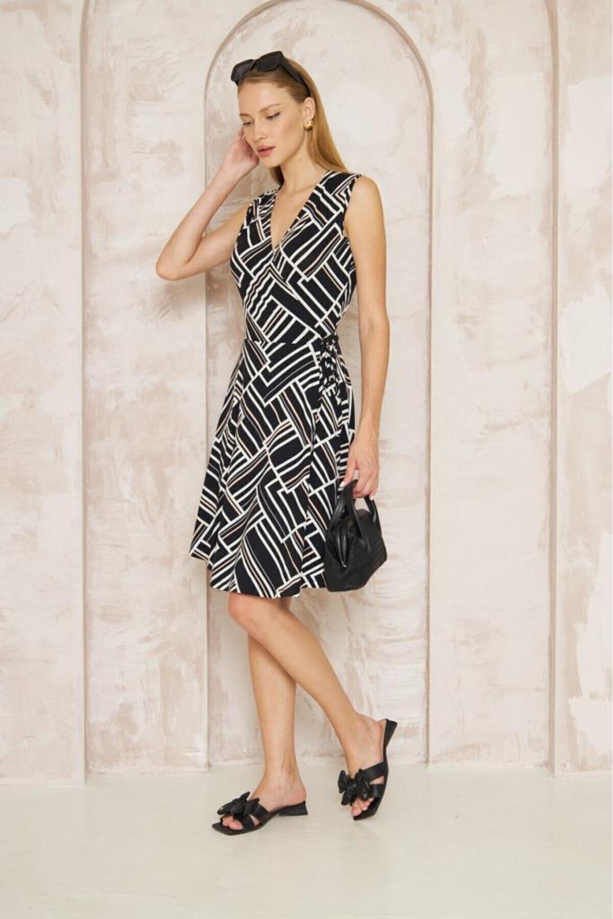 Midi Wrap Patterned Tie Detail Dress - Black White Pink - Pasaklı Giyim