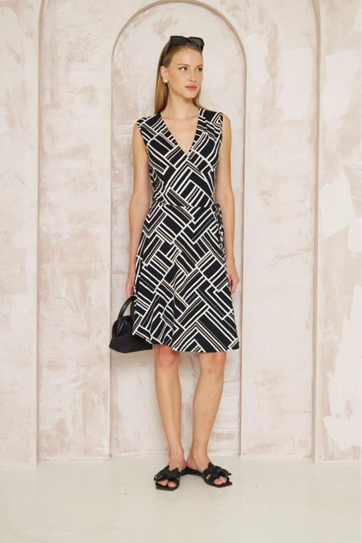 Midi Wrap Patterned Tie Detail Dress - Black White Pink - Pasaklı Giyim