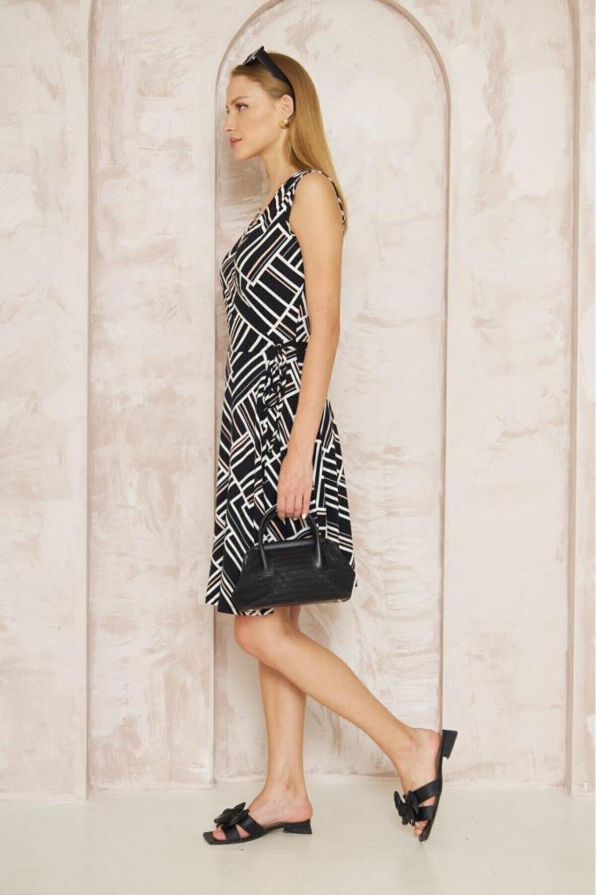 Midi Wrap Patterned Tie Detail Dress - Black White Pink - Pasaklı Giyim