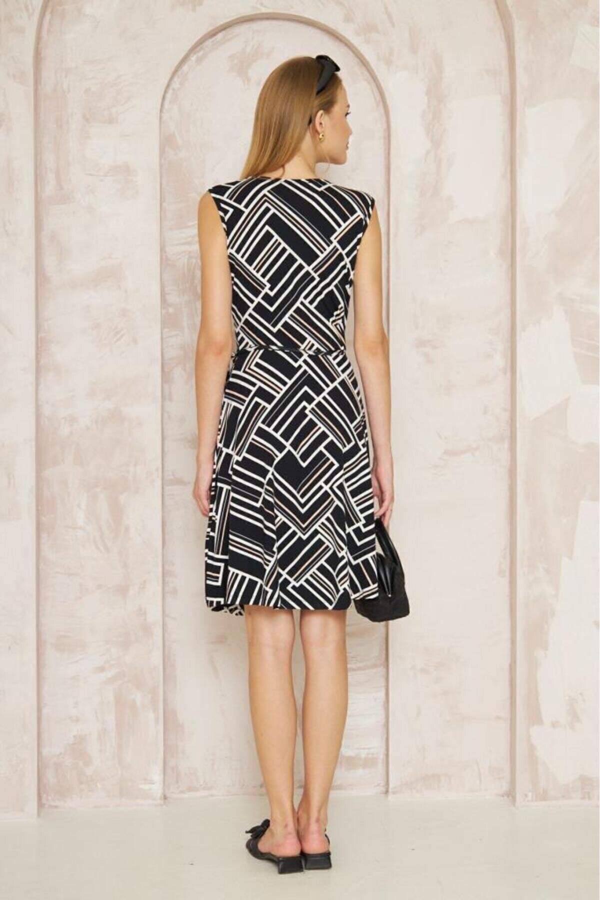 Midi Wrap Patterned Tie Detail Dress - Black White Pink - Pasaklı Giyim
