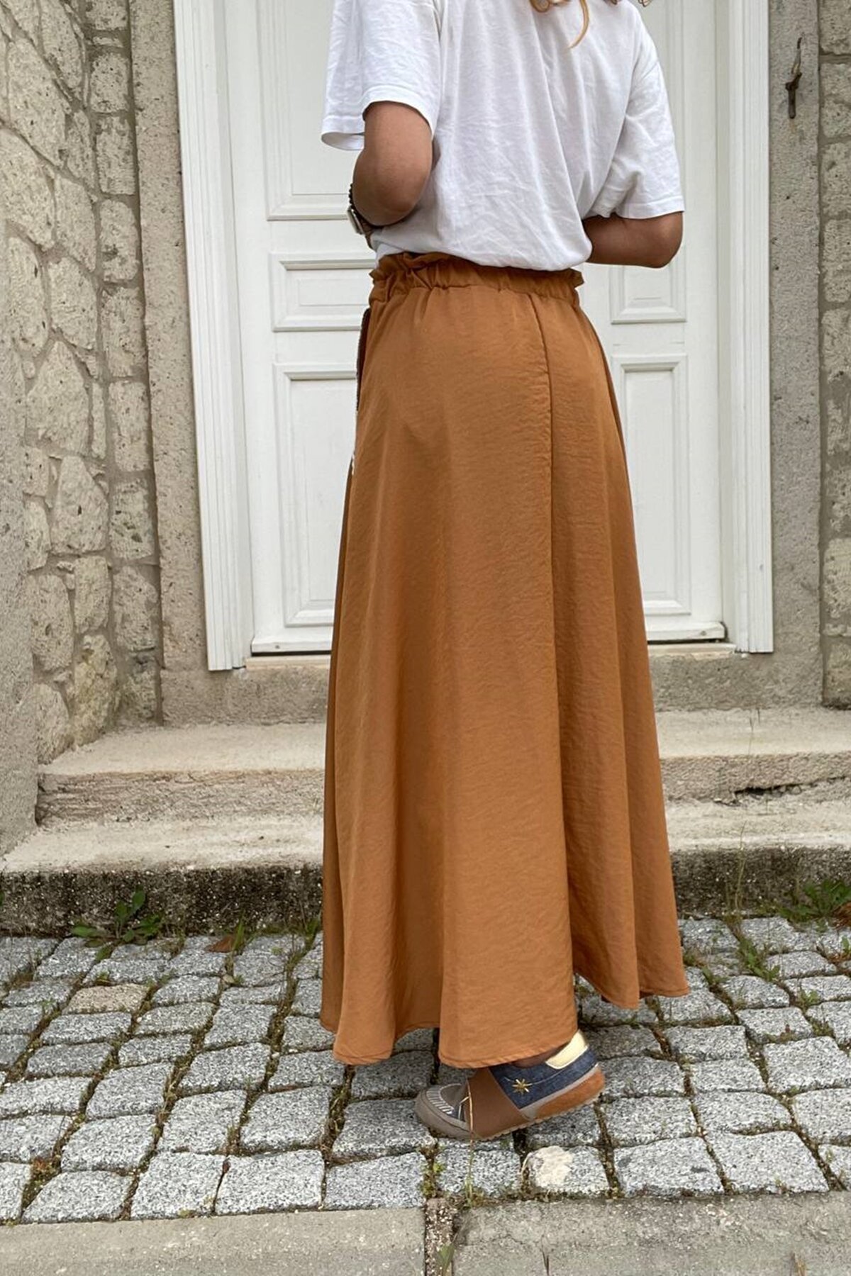 Long Flared Elastic-Waist Rattan-Detail Skirt - Tan - Pasaklı Giyim