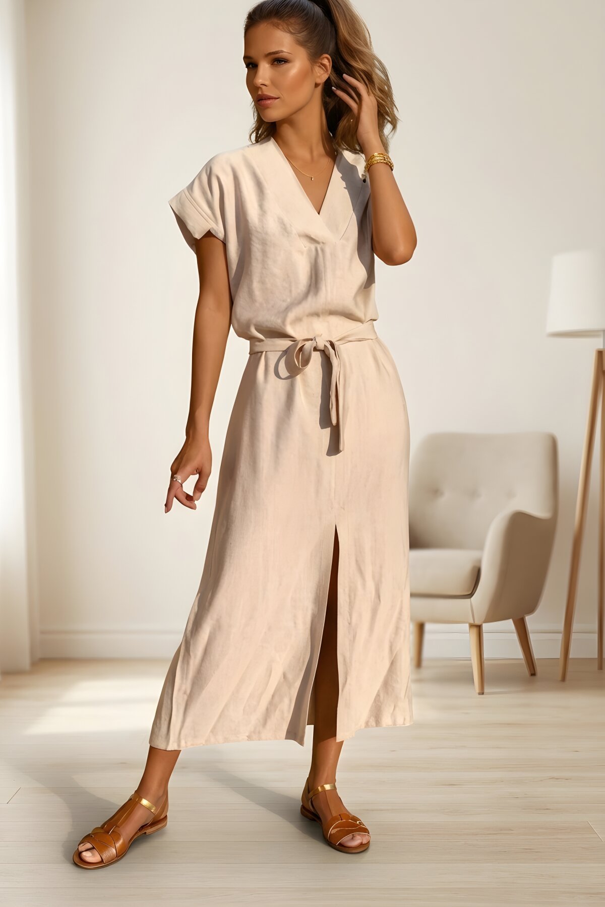Taş Bej Uzun Keten Kemerli Kısa Kollu Elbise - Pasaklı Giyim