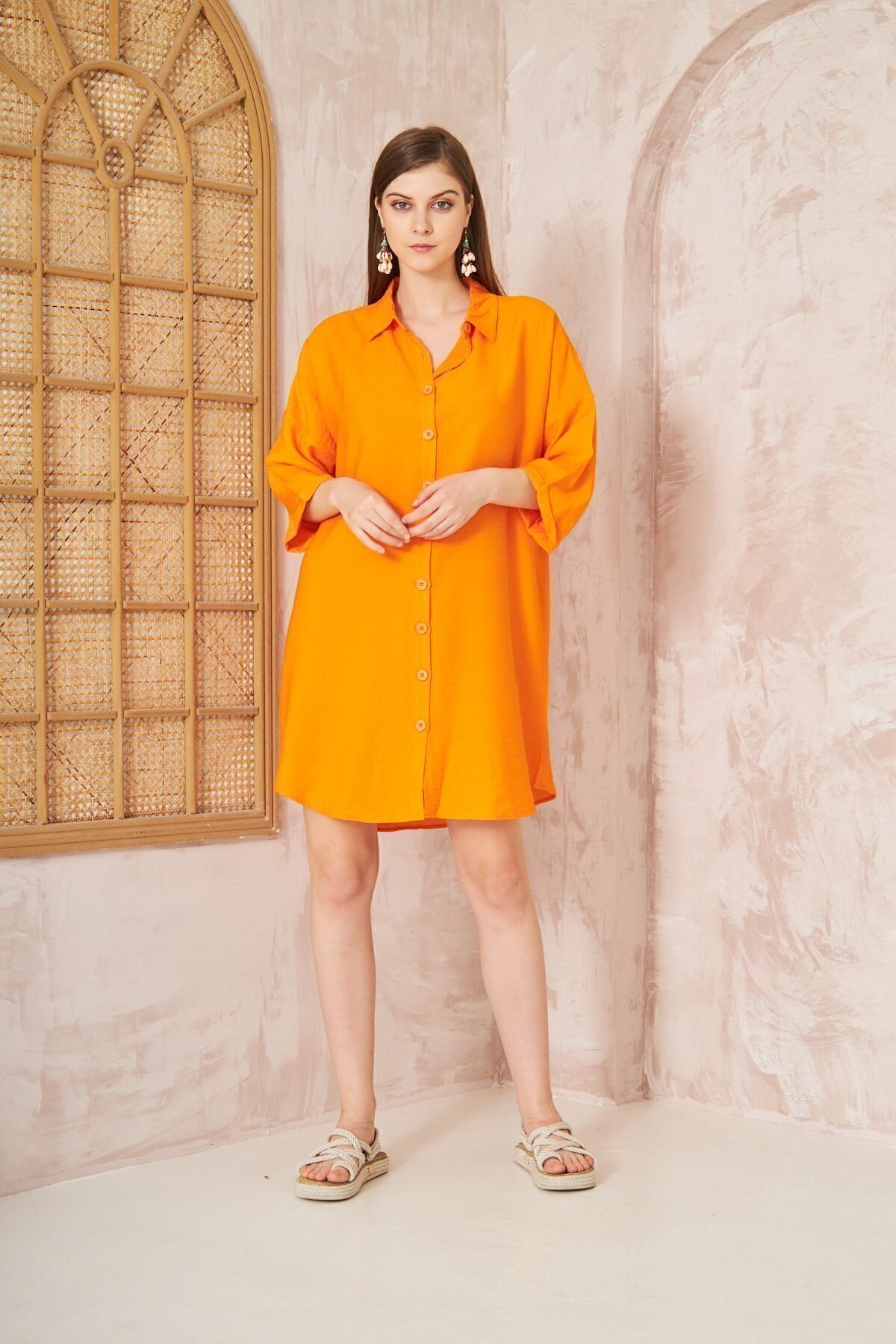 Midi Relaxed Fit Linen Roll-Up Sleeve Dress - Orange - Pasaklı Giyim