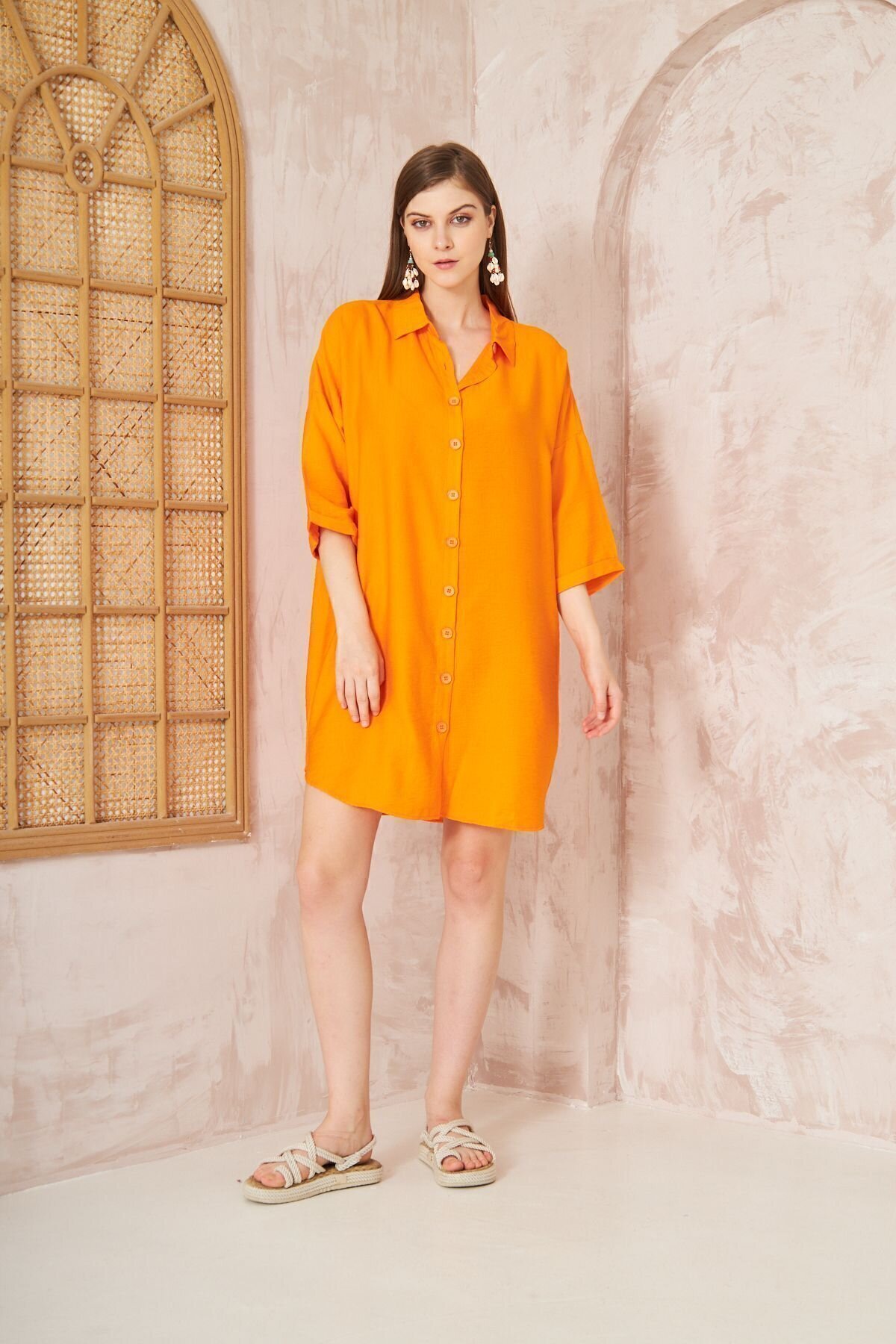 Midi Relaxed Fit Linen Roll-Up Sleeve Dress - Orange - Pasaklı Giyim