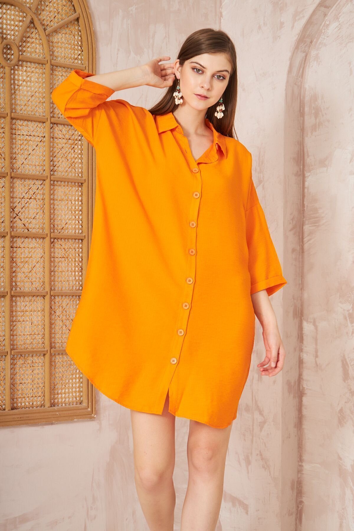 Midi Relaxed Fit Linen Roll-Up Sleeve Dress - Orange - Pasaklı Giyim