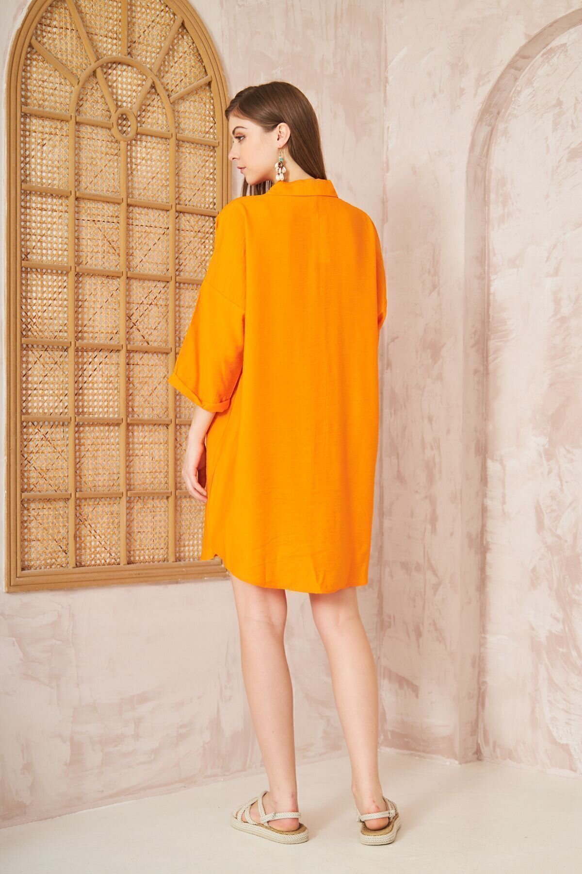 Midi Relaxed Fit Linen Roll-Up Sleeve Dress - Orange - Pasaklı Giyim