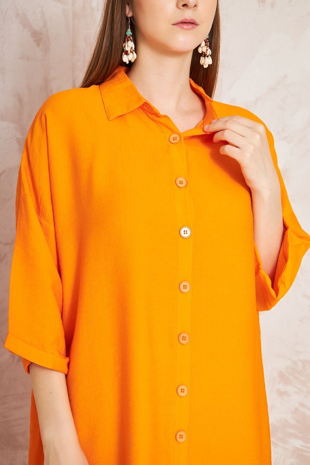 Midi Relaxed Fit Linen Roll-Up Sleeve Dress - Orange - Pasaklı Giyim