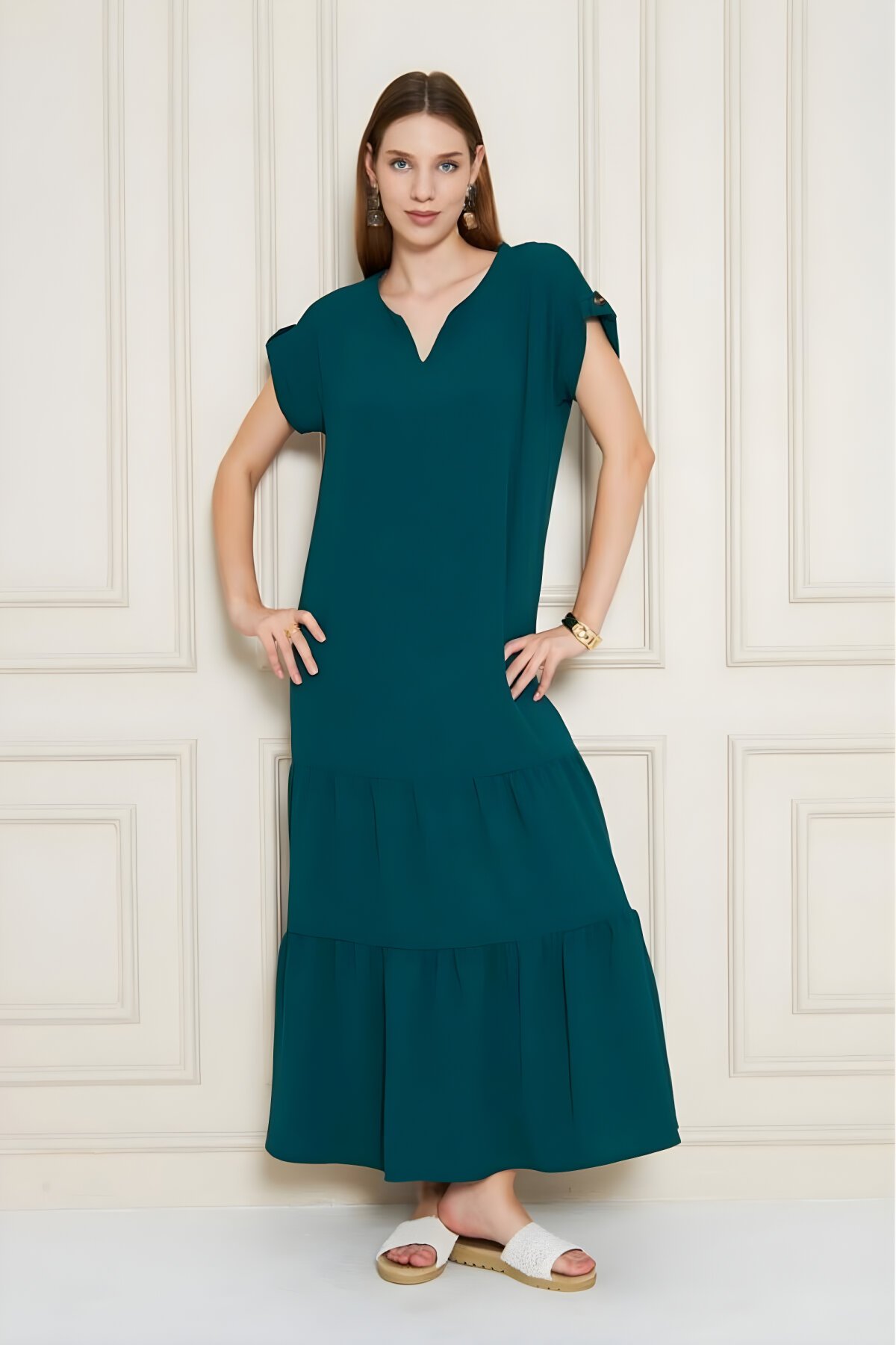 Loose Short Sleeve Ruffled Epaulette Dress - Emerald Green - Pasaklı Giyim