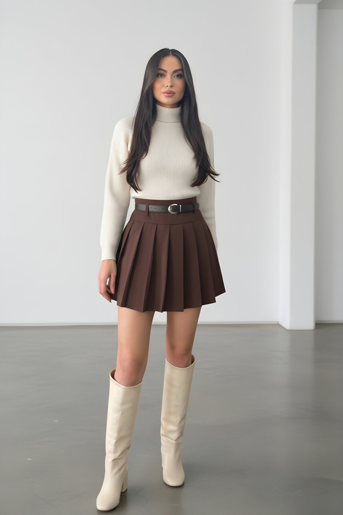 تنورة ميني كاكي مطوية بحزام - RAWEA FASHİON