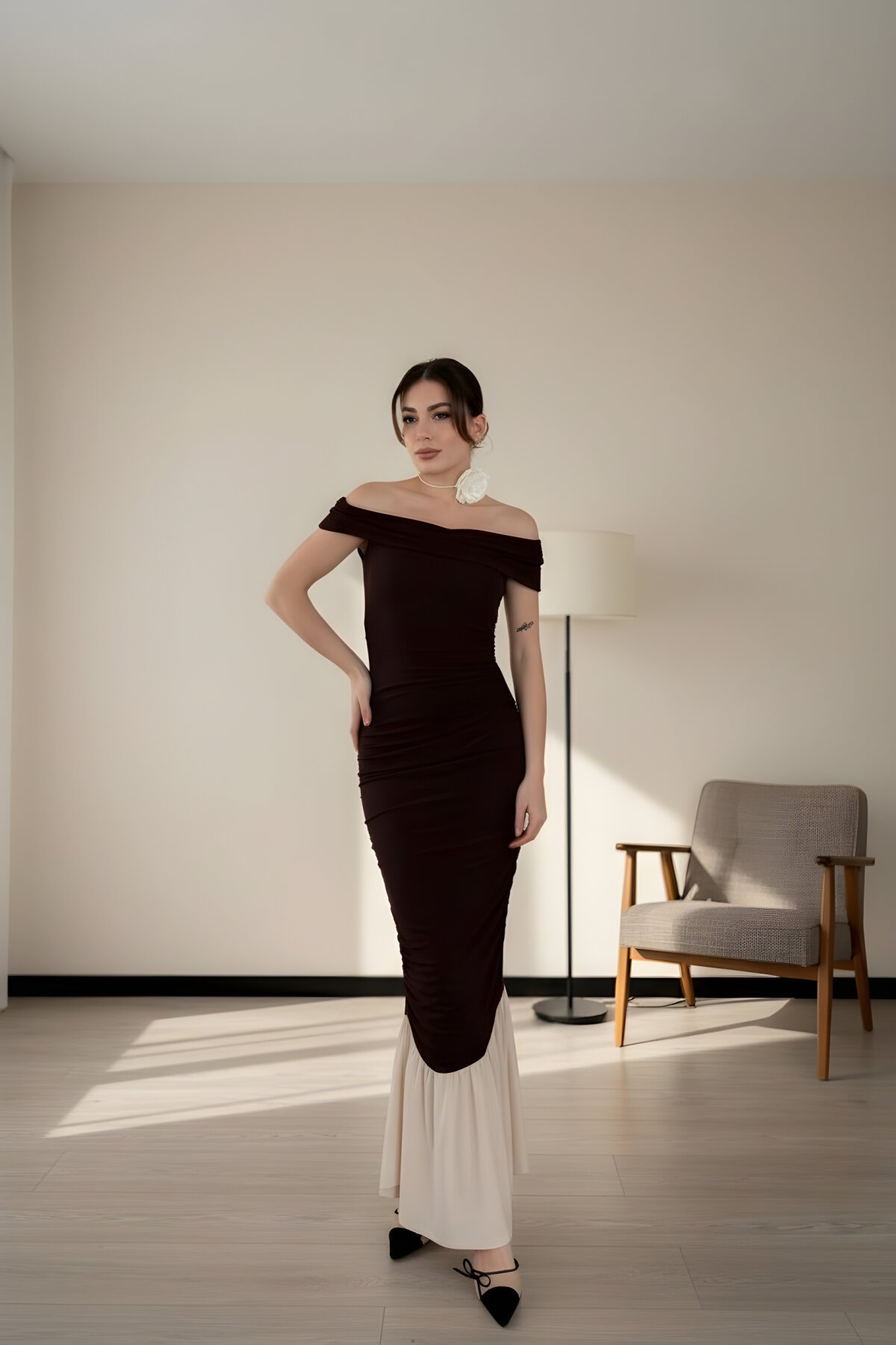 Long Strapless Evening Dress - Brown - RAWEA FASHİON