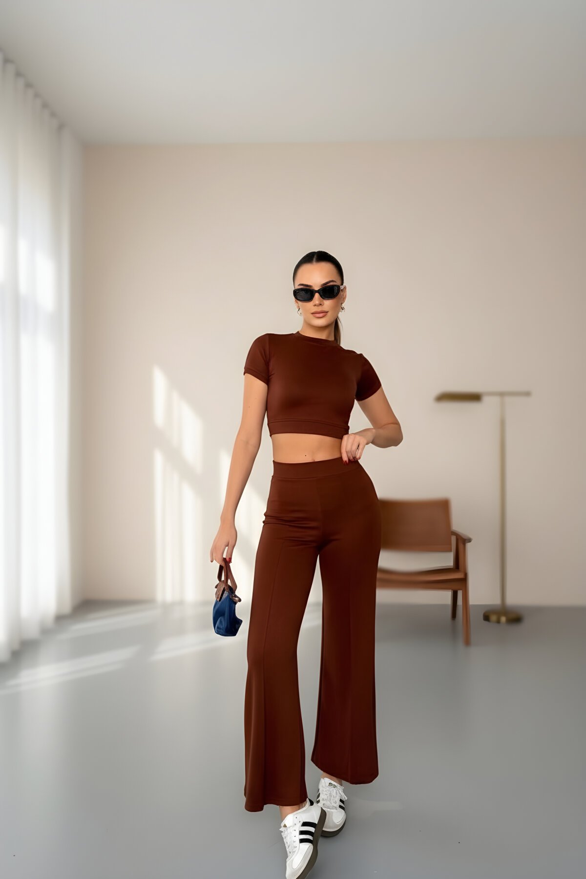 Crop Short-Sleeve Soft Modal Flare-Leg Set - Brown - RAWEA FASHİON