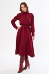 Bordo Midi Uzun Kol Kuşaklı Gömlek Elbise