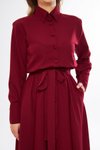 Bordo Midi Uzun Kol Kuşaklı Gömlek Elbise