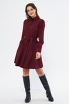 Bordo Uzun Kol Beli Lastikli Kuşaklı Dokuma Mini Gömlek Elbise