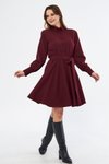 Bordo Uzun Kol Beli Lastikli Kuşaklı Dokuma Mini Gömlek Elbise