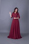 Bordo Uzun V Yaka Abiye Elbise