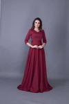 Bordo Uzun V Yaka Abiye Elbise