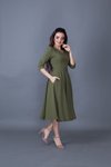 Haki Midi Kloş V Yaka Cep Detaylı Elbise