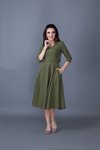 Haki Midi Kloş V Yaka Cep Detaylı Elbise