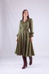 Haki Midi Uzun Kol Kruvaze Yaka Elbise
