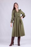 Haki Midi Uzun Kol Kruvaze Yaka Elbise