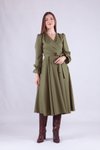 Haki Midi Uzun Kol Kruvaze Yaka Elbise