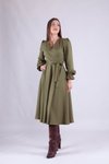 Haki Midi Uzun Kol Kruvaze Yaka Elbise