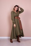 Haki Taba Uzun Kol Asimetrik Kesim Kemerli Tesettür Elbise