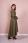 Haki Taba Uzun Kol Asimetrik Kesim Kemerli Tesettür Elbise