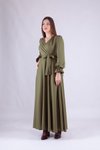 Haki Uzun Kol Kruvaze Yaka Tesettür Elbise