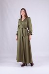 Haki Uzun Kol Kruvaze Yaka Tesettür Elbise