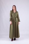 Haki Uzun Kol Kruvaze Yaka Tesettür Elbise