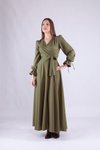 Haki Uzun Kol Kruvaze Yaka Tesettür Elbise