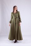 Haki Uzun Kol Kruvaze Yaka Tesettür Elbise