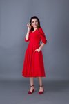 Kırmızı Midi Kloş V Yaka Cep Detaylı Elbise