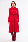 Kırmızı Midi Uzun Kol Kuşaklı Cepli Gömlek Elbise
