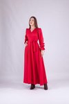 Kırmızı Uzun Kol Kruvaze Yaka Tesettür Abiye Elbise