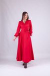 Kırmızı Uzun Kol Kruvaze Yaka Tesettür Abiye Elbise