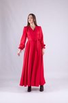 Kırmızı Uzun Kol Kruvaze Yaka Tesettür Abiye Elbise
