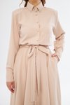 Krem Uzun Kol Kuşaklı Beli Lastikli Gömlek Midi Elbise
